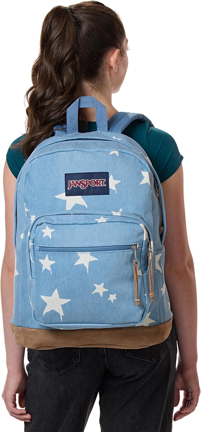 image:imageJanSport Right Pack Expressions Backpack Main Compartment 15inch Padded Laptop Compartment Side Water Bottle Pocket Utility Pocket with Zippered Rain Flap Denim Wash BlueDischarge Denim Star
