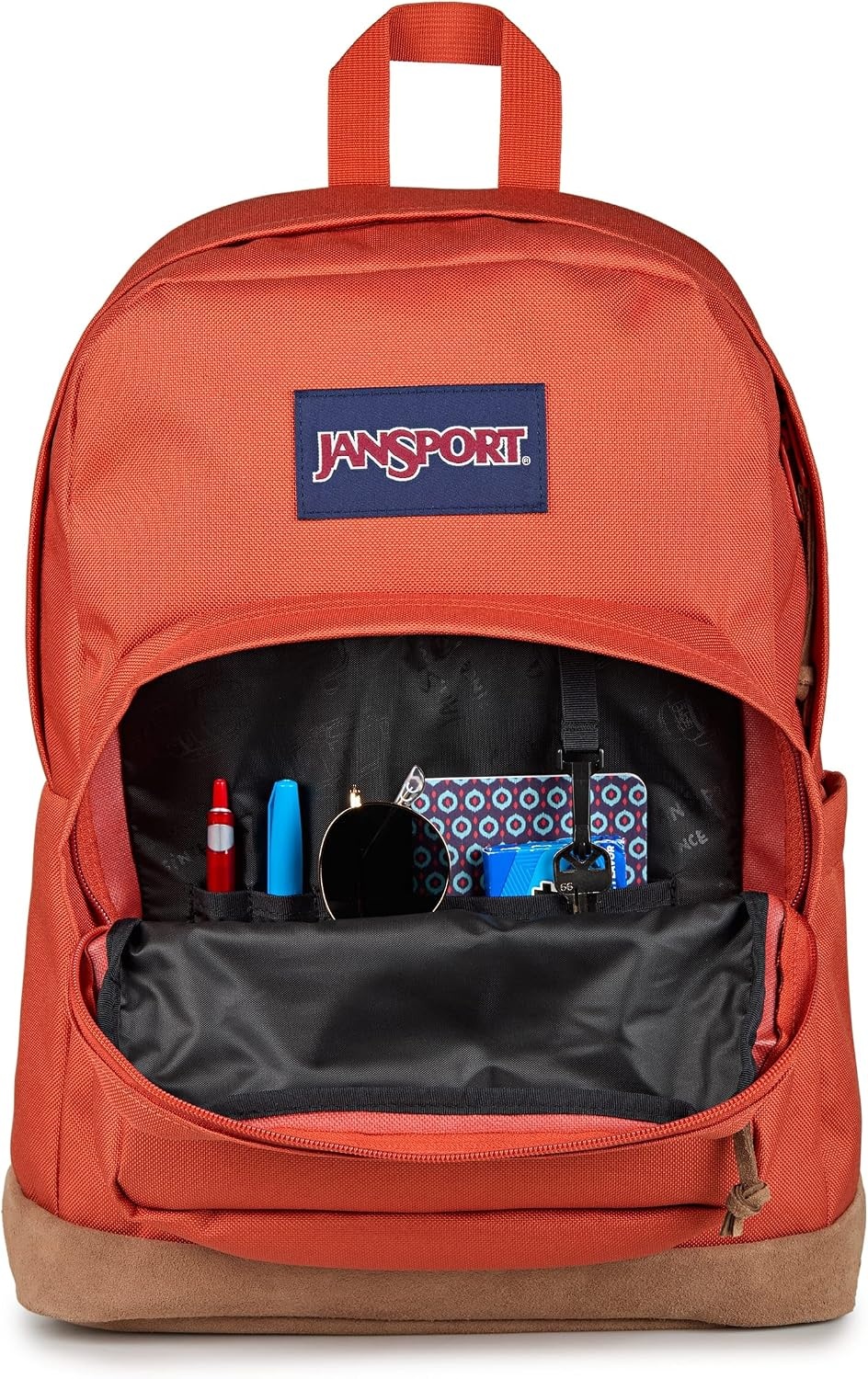 image:imageJanSport Right Pack Expressions Backpack Main Compartment 15inch Padded Laptop Compartment Side Water Bottle Pocket Utility Pocket with Zippered Rain Flap Denim Wash BlueWestbound Embroidery Dune RedBrownTan