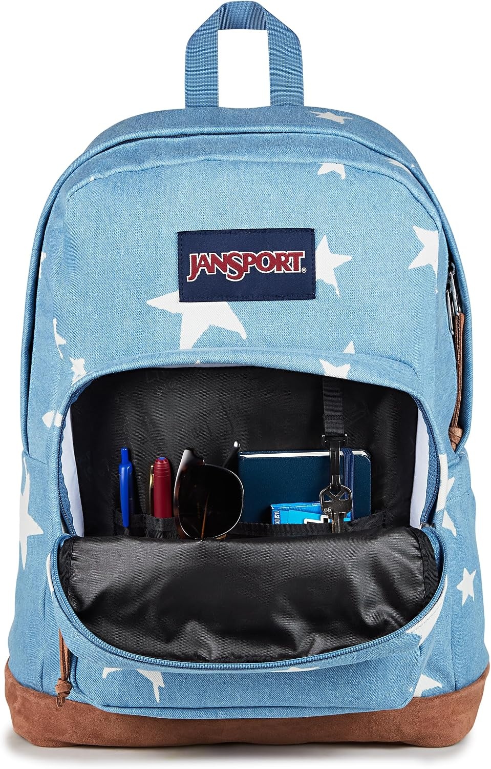 image:imageJanSport Right Pack Expressions Backpack Main Compartment 15inch Padded Laptop Compartment Side Water Bottle Pocket Utility Pocket with Zippered Rain Flap Denim Wash BlueDischarge Denim Star
