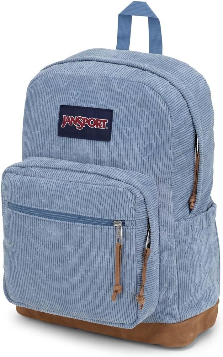 image:imageJanSport Right Pack Expressions Backpack Main Compartment 15inch Padded Laptop Compartment Side Water Bottle Pocket Utility Pocket with Zippered Rain Flap Denim Wash BlueEmbossed Hearts Blue