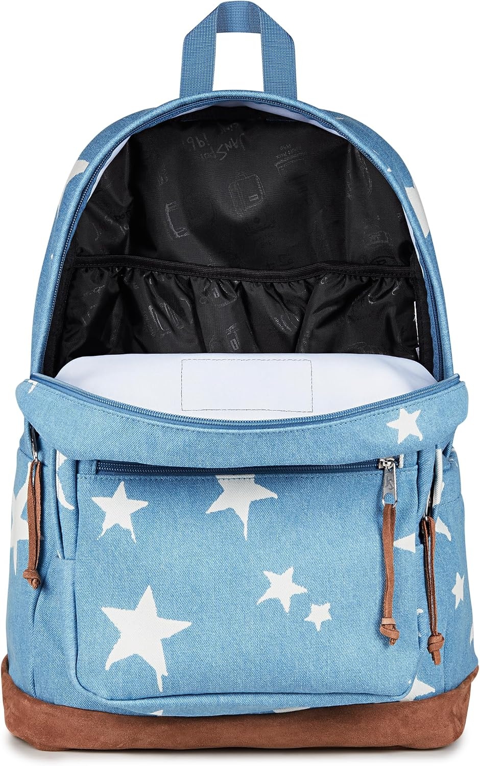 image:imageJanSport Right Pack Expressions Backpack Main Compartment 15inch Padded Laptop Compartment Side Water Bottle Pocket Utility Pocket with Zippered Rain Flap Denim Wash BlueDischarge Denim Star