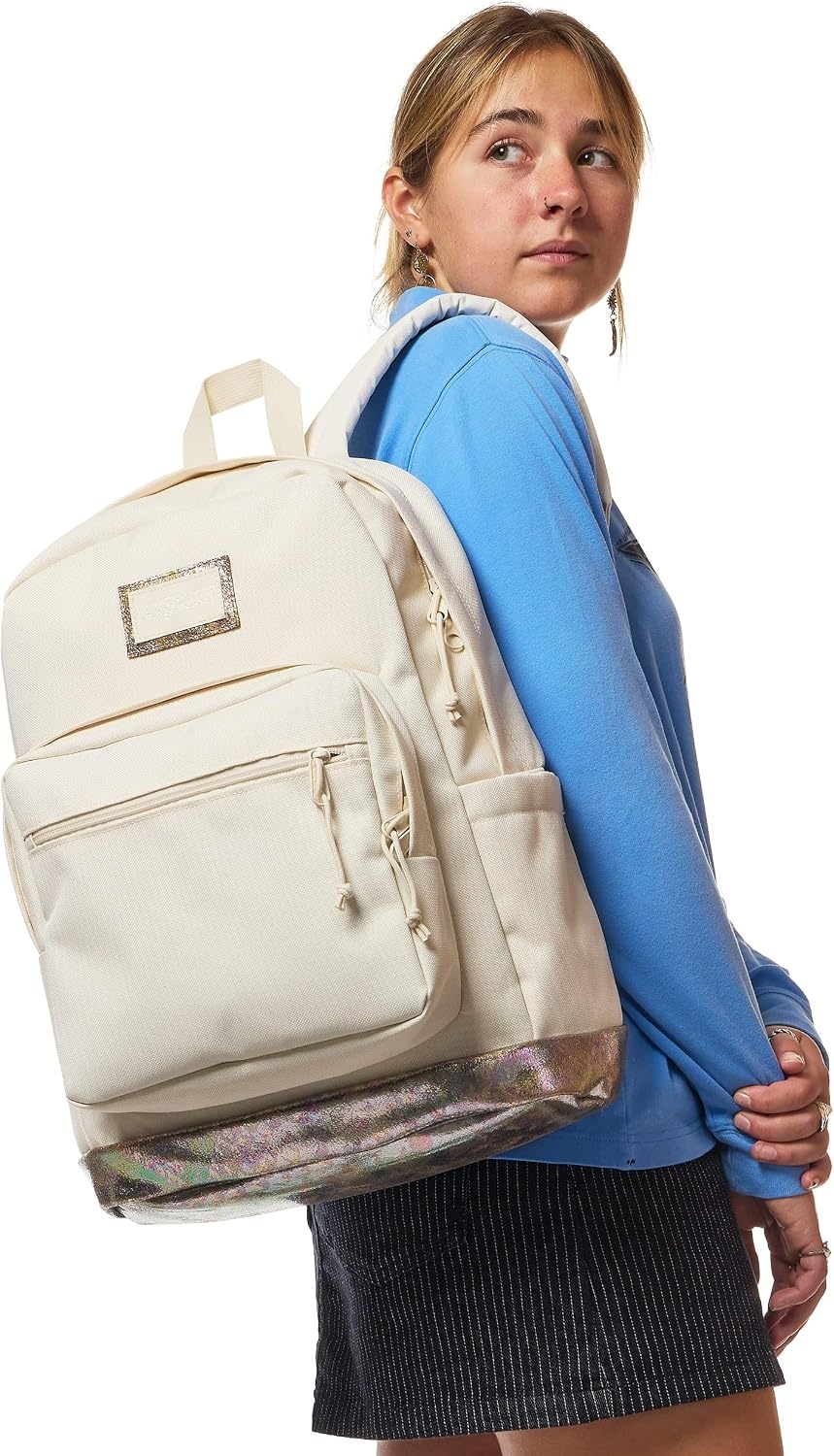 image:imageJanSport Right Pack Expressions Backpack Main Compartment 15inch Padded Laptop Compartment Side Water Bottle Pocket Utility Pocket with Zippered Rain Flap Denim Wash BlueBog Glam Suede Moon FlowerBrown