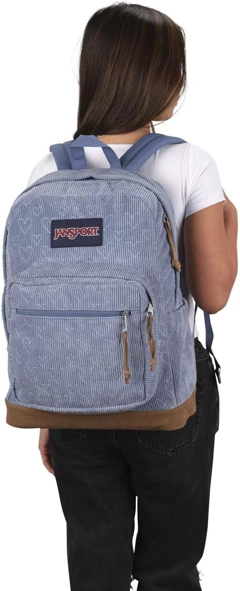 image:imageJanSport Right Pack Expressions Backpack Main Compartment 15inch Padded Laptop Compartment Side Water Bottle Pocket Utility Pocket with Zippered Rain Flap Denim Wash BlueEmbossed Hearts Blue