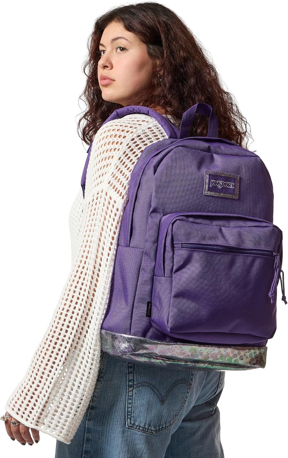 image:imageJanSport Right Pack Expressions Backpack Main Compartment 15inch Padded Laptop Compartment Side Water Bottle Pocket Utility Pocket with Zippered Rain Flap Denim Wash BlueBog Glam Suede Grape JellyPurplePink