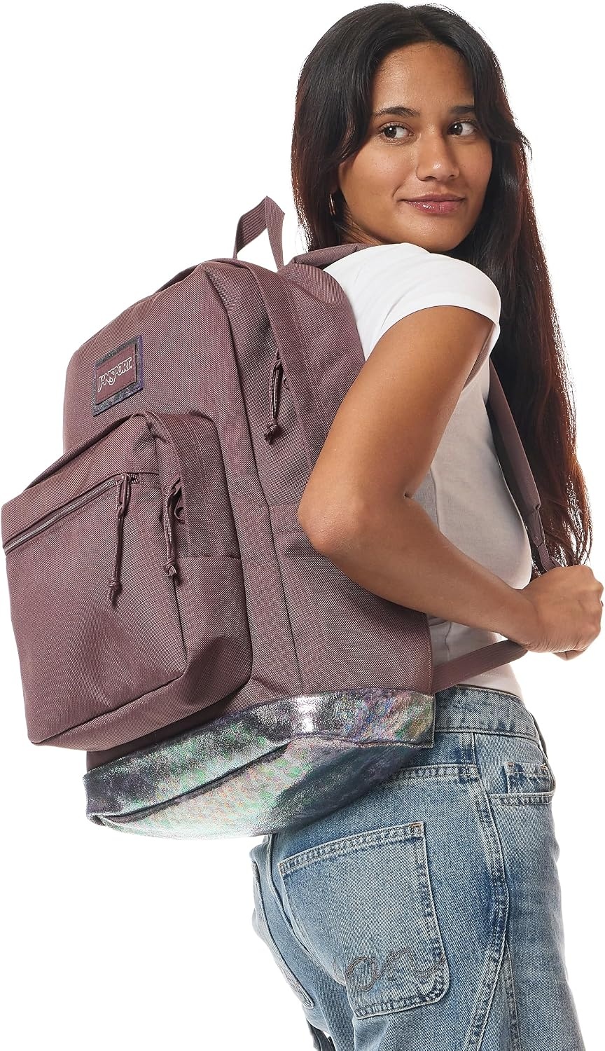 image:imageJanSport Right Pack Expressions Backpack Main Compartment 15inch Padded Laptop Compartment Side Water Bottle Pocket Utility Pocket with Zippered Rain Flap Denim Wash BlueBog Glam Suede Mahogany HazeBrnPink