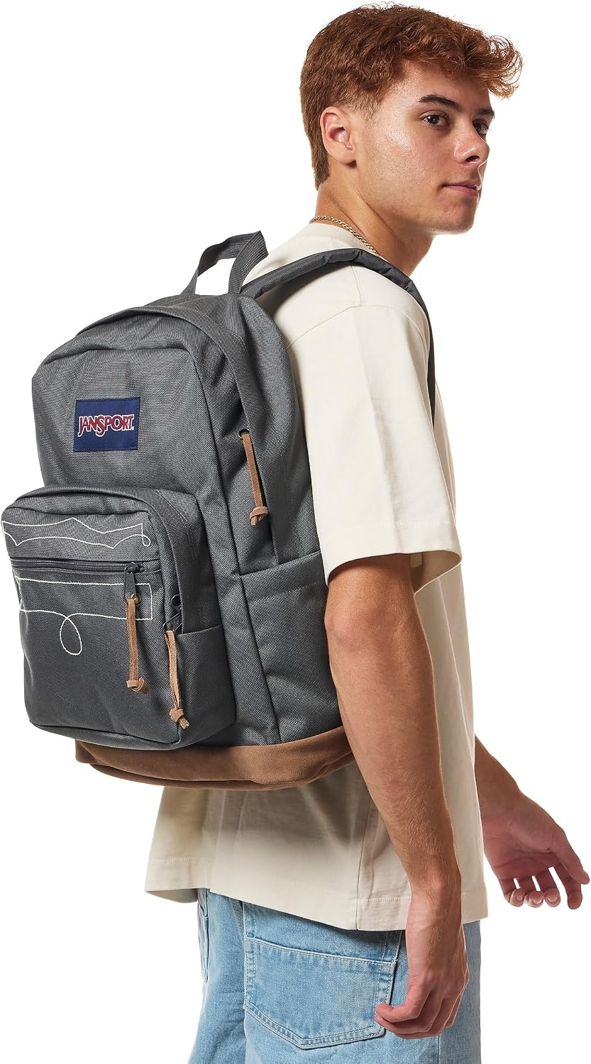 image:imageJanSport Right Pack Expressions Backpack Main Compartment 15inch Padded Laptop Compartment Side Water Bottle Pocket Utility Pocket with Zippered Rain Flap Denim Wash BlueWestbound Embroidery Smokey GritOxfordTan