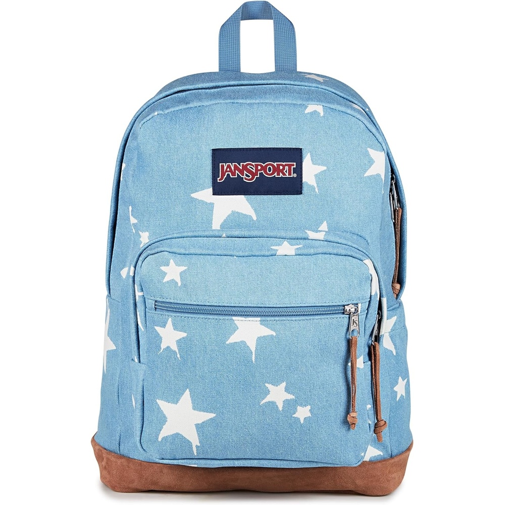 image:imageJanSport Right Pack Expressions Backpack Main Compartment 15inch Padded Laptop Compartment Side Water Bottle Pocket Utility Pocket with Zippered Rain Flap Denim Wash BlueDischarge Denim Star