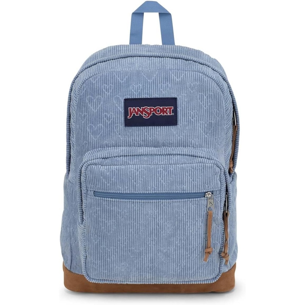 image:imageJanSport Right Pack Expressions Backpack Main Compartment 15inch Padded Laptop Compartment Side Water Bottle Pocket Utility Pocket with Zippered Rain Flap Denim Wash BlueEmbossed Hearts Blue