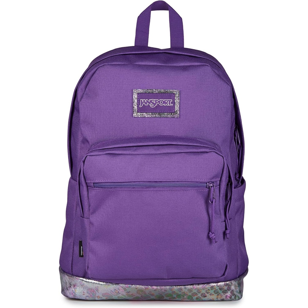 image:imageJanSport Right Pack Expressions Backpack Main Compartment 15inch Padded Laptop Compartment Side Water Bottle Pocket Utility Pocket with Zippered Rain Flap Denim Wash BlueBog Glam Suede Grape JellyPurplePink