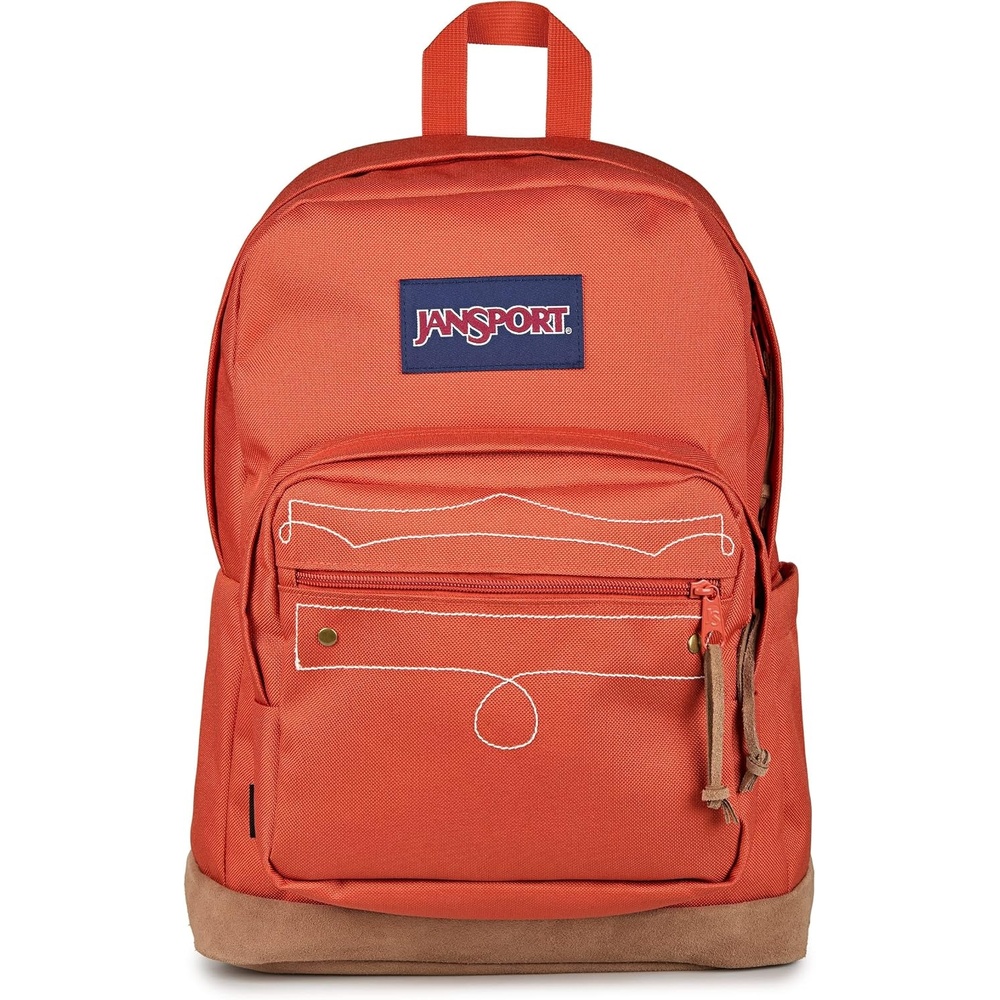 image:imageJanSport Right Pack Expressions Backpack Main Compartment 15inch Padded Laptop Compartment Side Water Bottle Pocket Utility Pocket with Zippered Rain Flap Denim Wash BlueWestbound Embroidery Dune RedBrownTan